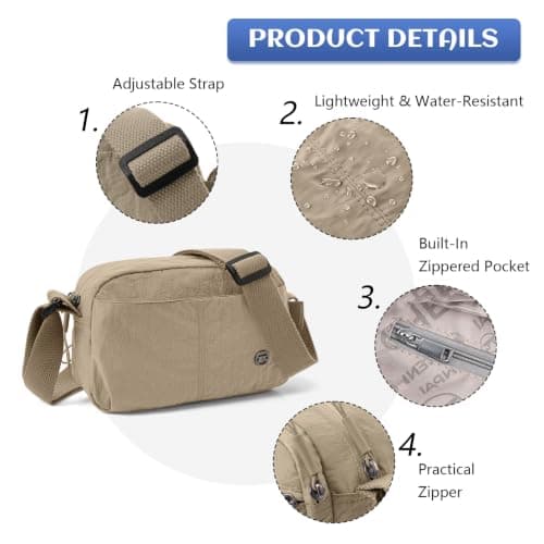 Vllcsla Crossbody Bag for Women Travel Small, 8.7″×3.9″×5.9″, Small Multi-Pocket Shoulder Bag with Adjustable Strap, Lightweight Fabric Cross Body Handbags, Anti Theft Sling Bags Daily Use (Khaki) — view 6
