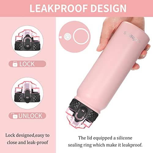 GOPPUS 600ml/20oz Stainless Water Bottle with Straw Double Wall Insulated Bottles with Strap One Hand Open Vacuum Thermal Flask with Flip Top Lid Leakproof Keep Cold Drinks BPA Free (Pink) — view 2