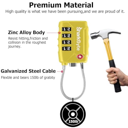 SharkByte TSA Approved Suitcase Locks - 4-Dial Security Travel Combination Padlock, Flexible Cable Wire Travel Lock for Suitcases, Luggage Locks, Travel Bag Gym Locker Small PadLock with code (2 Pack) — view 3