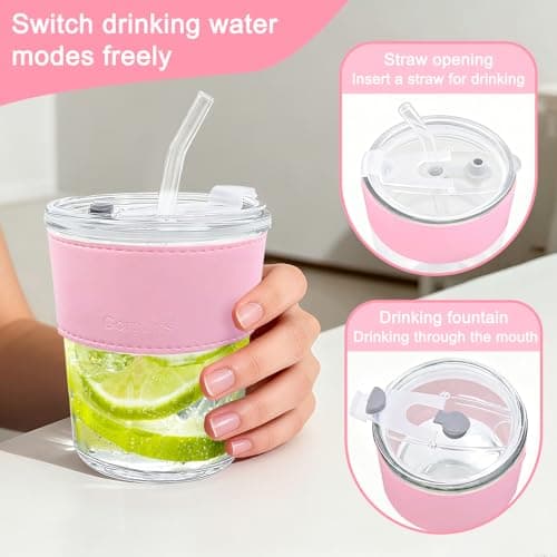LTHERMELK Tumbler with Straw and Lid - 400ml Glass Straws, Cold Brew Iced Coffee Cup for Car Travel, Reusable Frosted Glass Tumbler with Leather Sleeve & Straw (Pink) — view 3