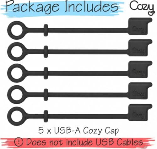 Cozy USB-A Cable Caps with Tether, Anti-Lost Dust Plug Covers for Charging Cords and Power Adapters, Black, 5-Pack — view 3