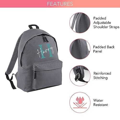 Print Maniacs Personalised Any Name Large 18L Kids Travel Backpack Junior Shoulder Collage Rucksack School Lunch Swimming P.E Laptop Book Bag (Grey, Teal/White) — view 4