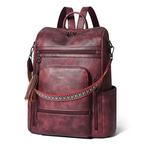 Shrrie Vegan Leather Laptop Backpack for Women 15.6 inch Work Backpack Fashion Travel Backpack Purse for Business College-Two-tone Maroon