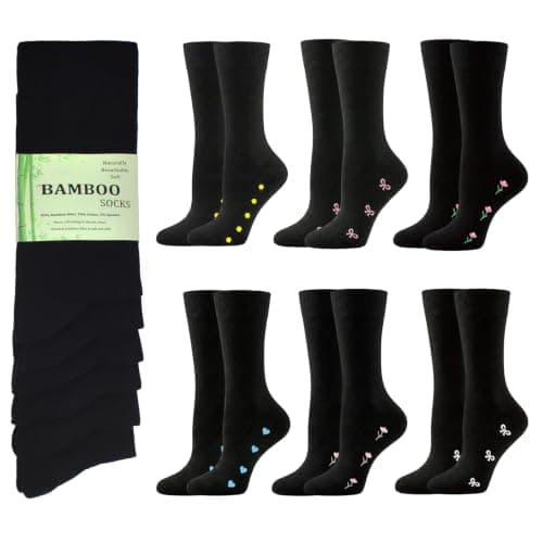 WeciBor Women’s Black Bamboo Socks 6-Pack, Breathable Seamless Crew Socks with Floral Pattern for Home, Commute & Travel, Moisture Wicking, Non-Binding, UK Size 4-7