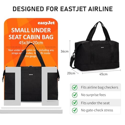 ECOHUB Easyjet 30L Cabin Bag - 45x36x20 Underseat Travel Flight Bag with Foldable Carry On, Removable Wet Pocket, Waterproof Overnight Holdall for Women (Black) — view 2