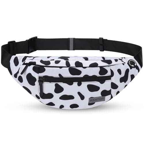MAXTOP Large Bumbag Waist Fanny Pack Running Belt for Men Women Unisex Bum Bag with Headphone Jack and 4-Zipper Pockets Adjustable Belt for Travel Running Jogging Workout Hiking Gifts Cow Print White