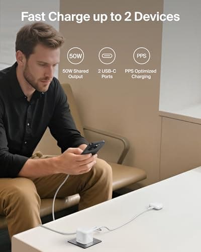 Belkin 2-Port USB-C Plug 50W, Dual-Port GaN Charger with 2x USB C Ports, Fast Charging for MacBook, iPhone 16, iPad Pro, Chromebook, Galaxy S25 Ultra, Pixel 9, etc. - Travel Essentials - White — view 2