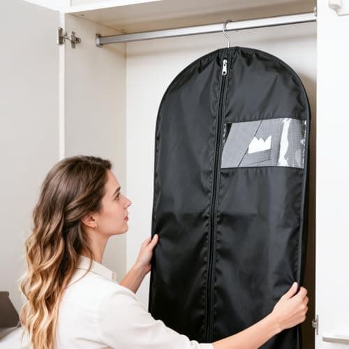2 Pack Suit Bag, 100 x 60 cm Waterproof and Dustproof Suit Covers for Hanging Clothes, Foldable and Reusable Garment Bag with Clear Window Black Zipper for Coats, Jackets, Dresses — view 2