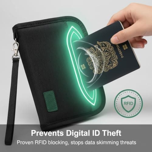 Passport Holder Travel Wallet, For 2 Passports, Small Passport Bag, Double, Dual, A5, Document, Case, Purse, RFID Blocking, Holiday, Waterproof Organisers, Travel Accessories, Black Green, UK GRN — view 4