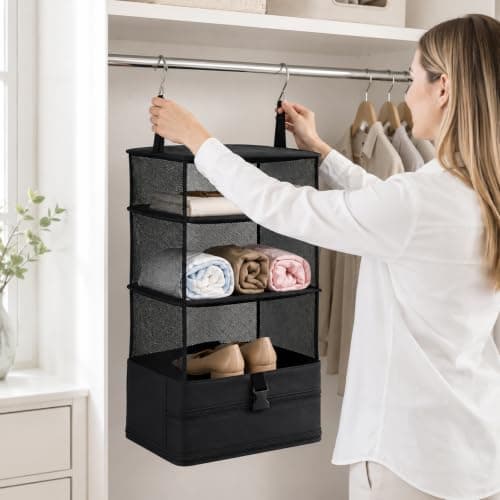 Hbzunt Hanging Suitcase Organiser, Foldable Travel Packing Shelves with Metal Hooks, Portable Hanging Travel Shelves for Wardrobe, M, Black — view 2