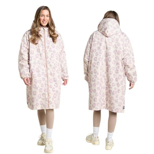 OHS Women's Jackets Changing Robe, Leopard Print Oversized Waterproof Jacket Fleece Lining Rain Coats for Women with Hood & Pockets Drying Robe Ladies Jackets for Outdoor Travel, Beige - S/M