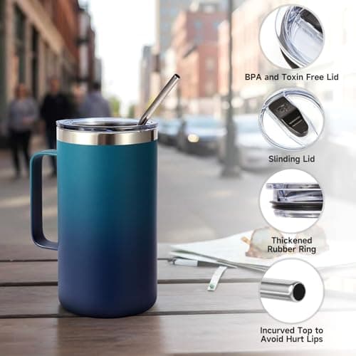 Volhoply 650ml (22oz) Insulated Coffee Mug with Lid and Straw, Stainless Steel Travel Mugs with Handle, Leak Proof Double Wall Coffee Cup for Hot and Cold Drinks (Dark Night,1 Pack) — view 6