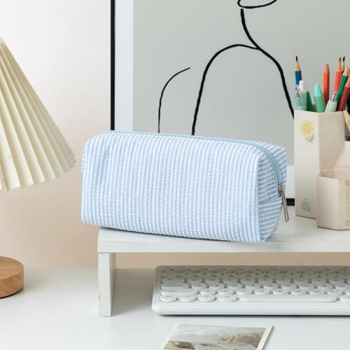 Pencil Case for Girls, Seersucker Striped Pen Bag Aesthetic Cute Stationery Pouch Large Capacity Multifunctional Design for Travel Storage Blu — view 2