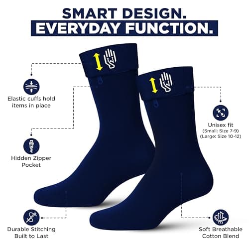 Wallet Sleeve Wallet Socks - Anti Pickpockets Crew Socks for Women and Men w/Hidden Zipper Pockets, Cotton Socks Ideal for Travel, Running, Black, 7.5-12 UK — view 3