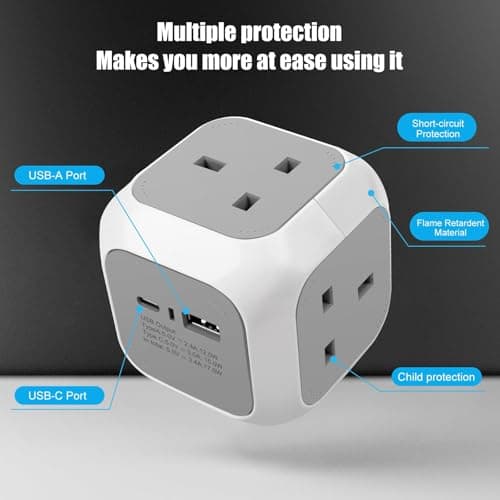 EXTRASTAR 4 Way Cube Extension Lead 1.5M, Power Cube Usb C 3120W, Cube Plug Extension with 2 Usb Ports(5V/3.4A) for Home Office Dorm and Travel - Grey — view 4