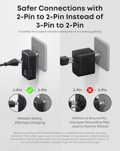 Anker Universal Travel Adapter 5-in-1 for UK/EU/US/AU, 20W USB-C + 4 USB Ports, Compact Power Plug Converter with AC Socket for 200+ Countries | Ideal for UK Travel & EU Expats (Black) — view 5
