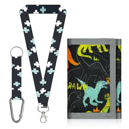 Aucuu Kids Wallet, Cartoon Waterproof Wallet, Trifold Wallets with Card Slots Lanyard, Travel Document Wallets for Teenagers Boys Girls for School, Travel, Birthday Gifts (Dinosaur)