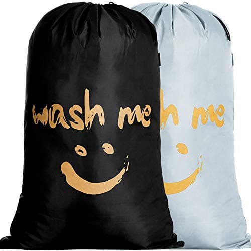 IHOMAGIC 2Pack Laundry Bag Extra Large 100-120L, Foldable Storage Bag with Drawstring Cord Lock Closure, Nylon Clothes Bags for Bedroom or Dormitory and travel, Golden Smile Fabric Bag, Black/Silver