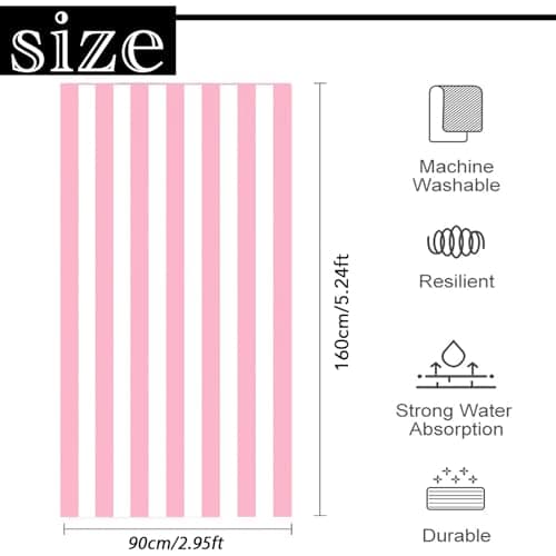 Large Quick Dry Microfibre Beach Bath Towel for Adult,Double Sides Pink White Striped Sand Free Beach Towel with Bag,Lightweight Gym Yoga Sports Towel,Compact Travel Summer Beach Towel for Women Men — view 2