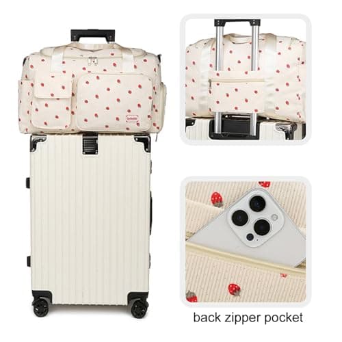 Corduroy Strawberry Sports Duffel Bag,Gym Bag with Shoe Compartment & Wet Pocket,Cute Travel Bag Weekend Bag Dance Bag for Girls (White) — view 5