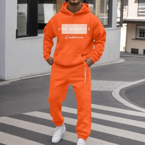 Mens Tracksuit Set Contrast Cord Fleece Hoodie Top Bottoms Jogging Zip Joggers Gym Sport Sweat Suit Pants Plus Size Jogger Sets Exercise Fitness Sportswear Sweatshirts Holiday Clothing (Orange, S) — view 3