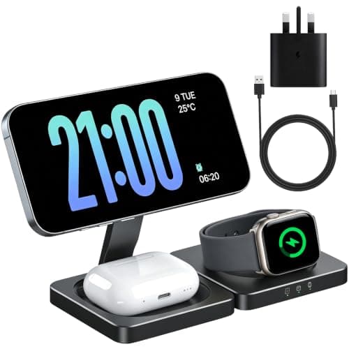 Wireless Charger Station for Apple Devices,Magnetic 3-in-1 Foldable,Travel,Charger Stand for iPhone 17 16 15 14 13 12 series,Airpods&Apple watch,with 20w Adapter.