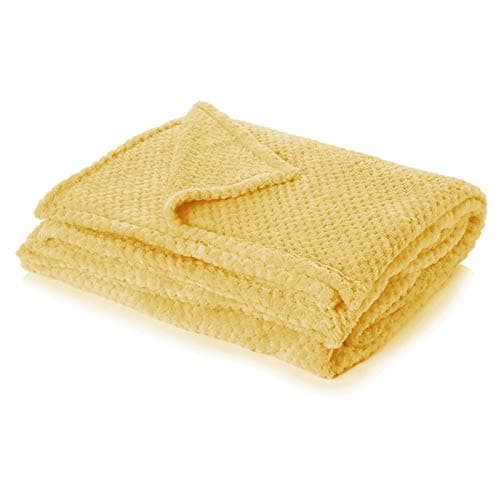 Dreamscene Fleece Blanket Throws for Sofas, Soft Cosy Warm Honeycomb Waffle Throw Blanket for Bed Settee Faux Fur Throws Fluffy Single Bed Throw, Mustard Yellow - 125 x 150cm