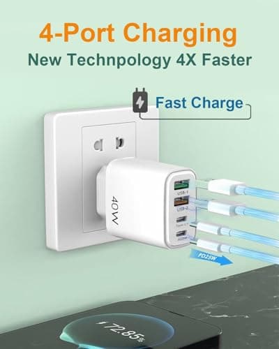 EU travel adapter charger, fast charging 2 USB C and 2 USB A European plugs, European wall adapter with 2 USBA port and 2 Type C ports, Compatible with fast charging of iPhone/Samsung and others — view 6