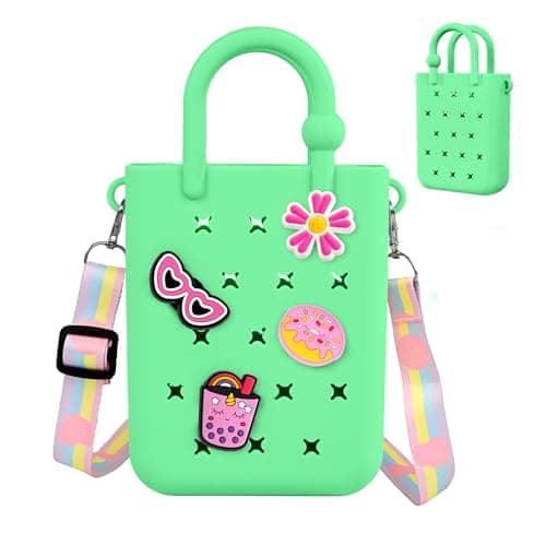 Oudizz Mini Rubber Tote Bag, Silicone Beach Tote for Little Girl & Woman, Cute Bag with 20 Charms & Adjustable Shoulder Strap (Mint Green)