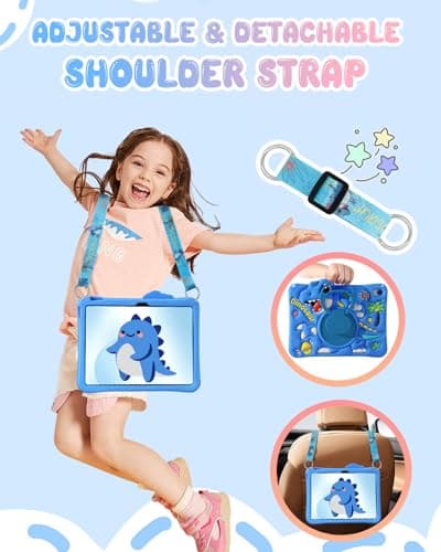Kokaade for iPad 10th Generation Case - for iPad A16 Case 11 Inch with Shoulder Strap & Rotating Stand, Soft Silicone Cute Cartoon Blue Dinosaur for Boys Kids — view 5