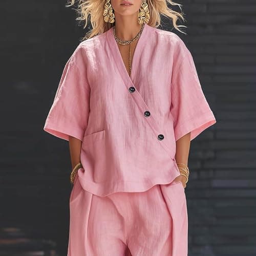 festival outfit women Co Ord Sets for Women Cotton Linen 2 Piece Plus Size V Neck Tops & Wide Leg Trousers Summer Fashion Loose Comfy Vacation Travel Airport Outfits Pink L — view 6