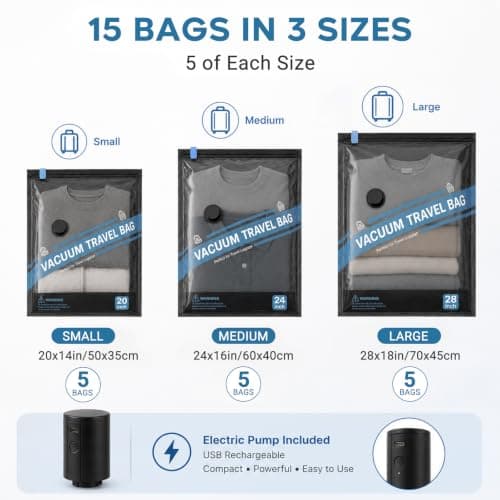 ZOESTORAGE Vacuum Bags for Travel with Electric Pump, 18 Pack Travel Vacuum Bags with Pump for Clothes, Luggage, Blankets, Vacuum Storage Bags for Clothes (5L, 5M, 5S, 3 Shoe Bags), Blue — view 4