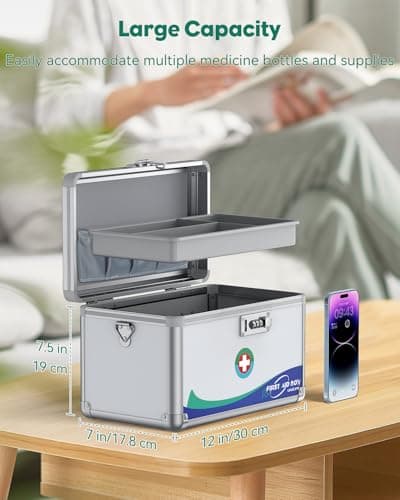 Uniclife Large Medicine Lock Box First Aid Box with Combination Lock, Lockable Medicine Storage Boxs for Medications, 30 x 17.8 x 19 (cm) — view 2
