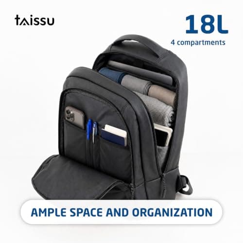 TAISSU - 16 Inch Laptop Backpack - 18L Water-Resistant Backpack - Laptop Compartment, Multiple Pockets and Trolley Strap - Unisex Work and Travel Backpack - Black — view 2