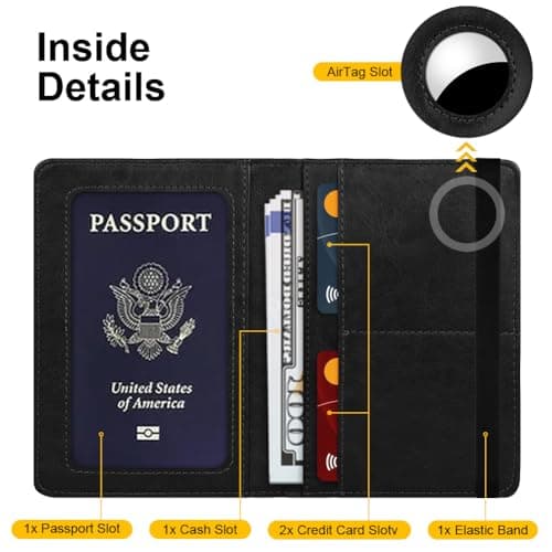 AOOSU Airtag Wallet Passport Holder Cover, PU Leather Passport Cover with RFID Blocking Travel Wallet, Portable Universal Travel Wallets Case Organiser for Money, Boarding Passes, Credit Cards Black — view 3