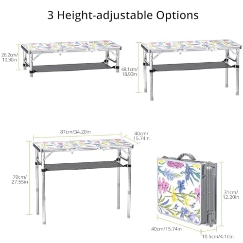Anbte 3ft Folding Camping Table with Storage Net & bag, 3 Adjustable Height Max 27.5" Outdoor Folding Table Lightweight, Portable Handle for Outdoor Indoor Camping Beach RV Picnic, Blooming Floral — view 3