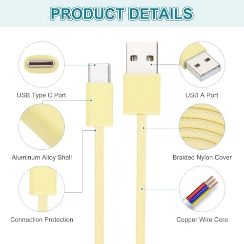 sourcing map 3.28ft USB Type C Charger Cable, 2A Type-C to USB A Braided Charging Cord Data Transfer Cable for Tablet Phone LED Desk Lamp Drone, Yellow — view 3