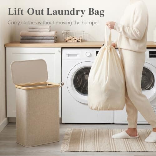 Lifewit 50L Slim Laundry Basket with Lid, Narrow, Removable Bag, Beige — view 3