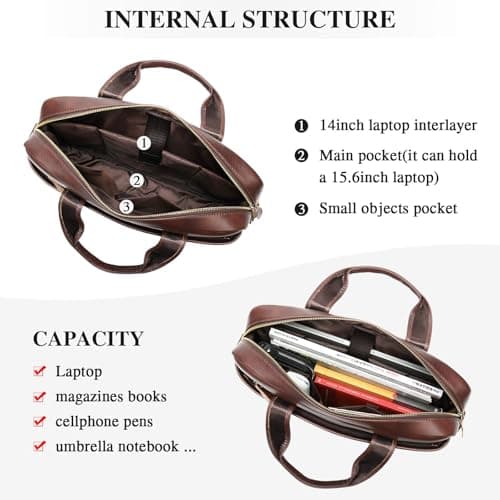 VINBAGGE Genuine Leather Briefcase for Men 14 Inch, Men's Business Laptop Work Bag, Messenger Bag with Adjustable Shoulder Strap, Professional Work Bag for Office Travel Commute — view 3