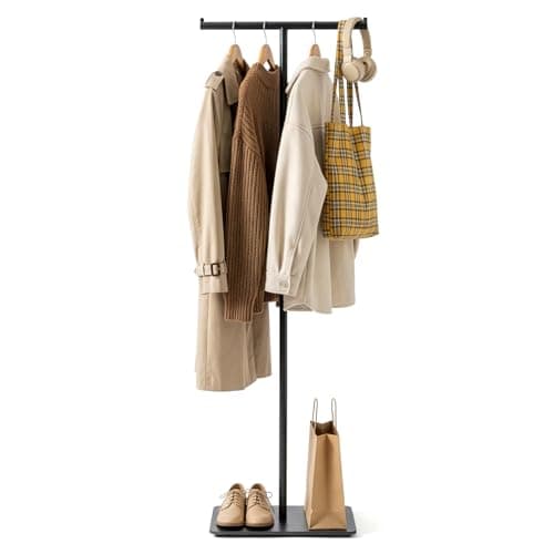 T Shaped Coat Rack Clothes Rail 170cm with Rock Slab Base Garment, Freestanding Coat Stand Heavy Duty Metal Modern Hanger Max Load 30kg for Hanging Coats, Jackets, and Bags, Bedroom Entryway Black