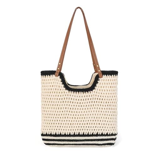 GLITZALL Beach Tote Bag for Women Cotton Rope Woven Shoulder Bag, Large Crochet Summer Handbag with with Faux PU Handles, Lightweight Travel Shopper Bag for Holiday Beach Shopping Everyday