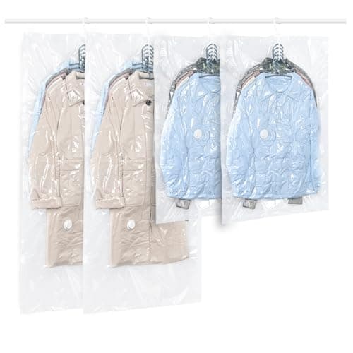 Hanging Vacuum Storage Bags, QH7 4 PCS Space-saving Vacuum Bag for Clothes, Suits, Dresses, Coats or Jackets, Clear & Reusable Closet Organizer with (2 Long 145x70cm & 2 Short 105x70cm)