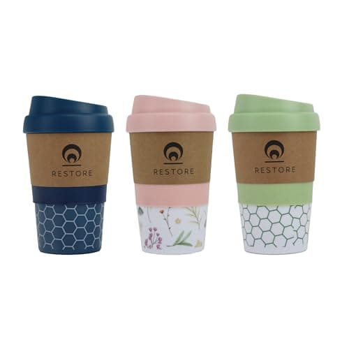 Restore Coffee Cup Travel Mug, Renew 320ml Multi Coloured Pack Reuseable Polypropylene Silicone Grip Leakproof BPA Free, Fits Standard Cup Holders (3 Pack Teal & Pink & Navy)