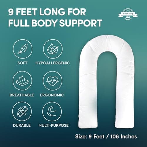 Posh Tag U Shaped Pillow – Full Body Support Body Pillow for Pregnancy | Soft Hypoallergenic Hollowfiber Maternity Pillow for Sleeping, Back, Hips, Knees & Neck Support (White, 9 Feet) — view 3