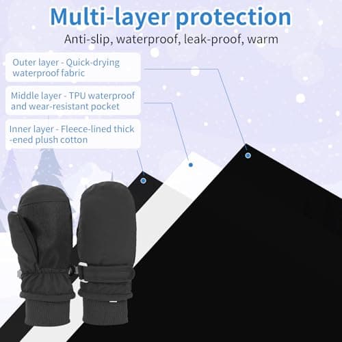 Fjquamitix Kids Winter Ski Mittens, Waterproof Mittens Kids, Warm Fleece Lined Toddler Ski Gloves Age 2-8 Boys Girls For Winter Outdoor (Black, M) — view 5