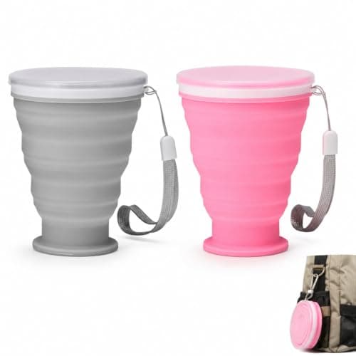 Livawnd MSLSOZ 300ml Silicone Foldable Camping Cups, 2 Pack, Pink & Grey