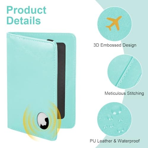 AOOSU Airtag Wallet Passport Holder Cover, PU Leather Passport Cover with RFID Blocking Travel Wallet, Portable Universal Travel Wallets Case Organiser for Money, Boarding Passes, Cards Light Blue — view 3