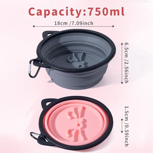 SLSON Silicone Collapsible Dog Bowl, 2 Pack Portable Dog Travel Bowl, Cute Cat Pattern Pet Feeding Bowl 750ml Large Foldable Food & Water Bowl with Carabiner (Pink+Grey) — view 2