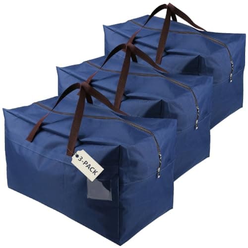 Pack of 3, 100L Sturdy Travel Duffle Storage Bags for Clothing, Wedding Dress, College Dormitory, House Moving, Go-To-School Carry Bags with Zip Closure & Sturdy Handles, Blue