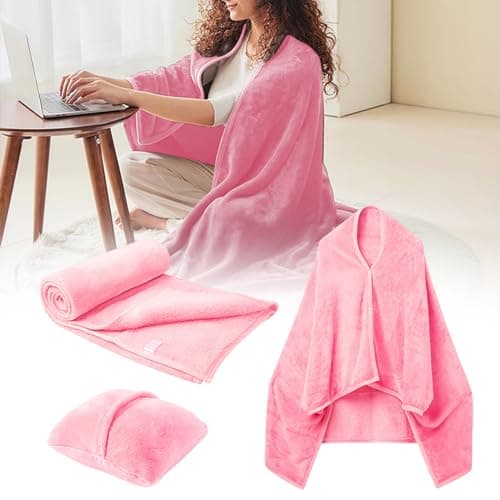 Travel Blanket and Pillow, Premium Soft 2-in-1 Folding Travel Blanket, Multifunctional Shawlable Flannel Poncho Blanket, Car Blanket for Women, Men (Pink) — view 6